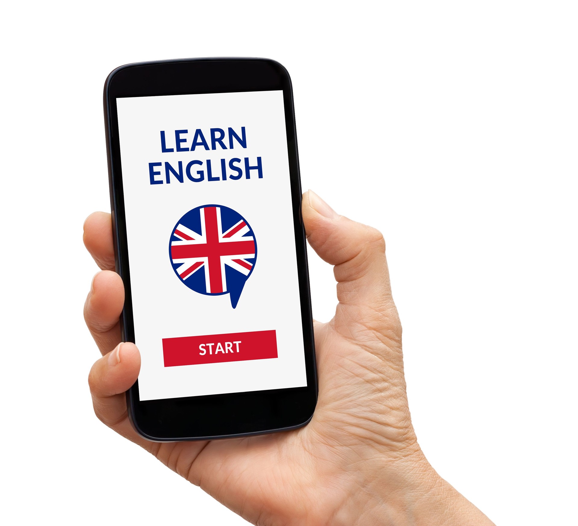 Teléfono inteligente con la mano con el concepto de inglés de aprendizaje en línea en la pantalla
